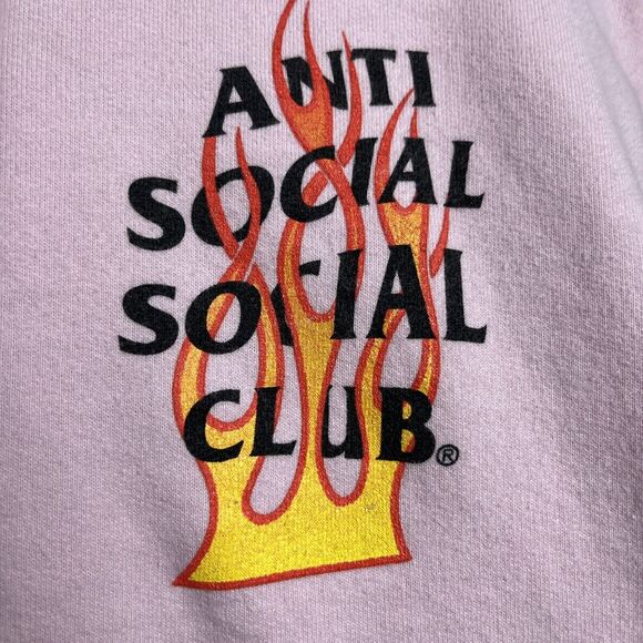 Anti Social Social Club Hoodie Small Pink Spellout Pull Over Streetwear Flames - Picture 2 of 11